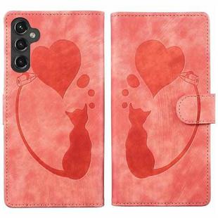 For Samsung Galaxy S25 5G Pen Heart Cat Embossed Leather Phone Case(Orange)
