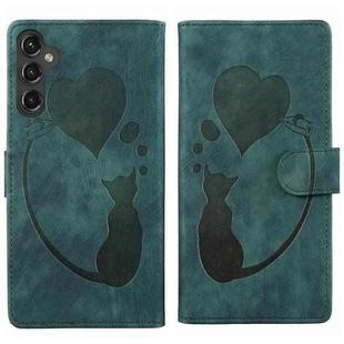 For Samsung Galaxy S25 5G Pen Heart Cat Embossed Leather Phone Case(Green)