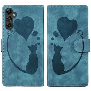 For Samsung Galaxy S25 5G Pen Heart Cat Embossed Leather Phone Case(Blue)