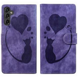For Samsung Galaxy S25+ 5G Pen Heart Cat Embossed Leather Phone Case(Purple)
