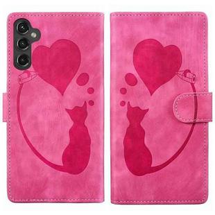 For Samsung Galaxy S25+ 5G Pen Heart Cat Embossed Leather Phone Case(Pink)