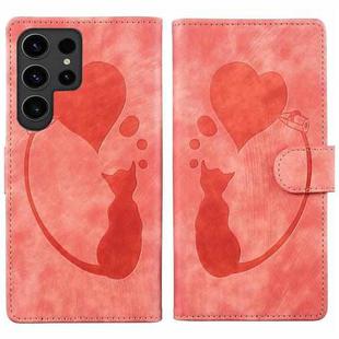 For Samsung Galaxy S25 Ultra 5G Pen Heart Cat Embossed Leather Phone Case(Orange)