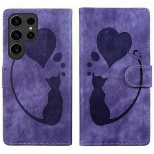 For Samsung Galaxy S25 Ultra 5G Pen Heart Cat Embossed Leather Phone Case(Purple)