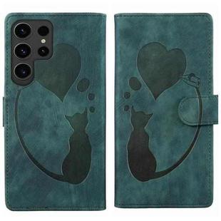 For Samsung Galaxy S25 Ultra 5G Pen Heart Cat Embossed Leather Phone Case(Green)