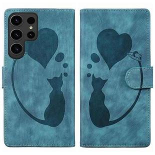 For Samsung Galaxy S25 Ultra 5G Pen Heart Cat Embossed Leather Phone Case(Blue)