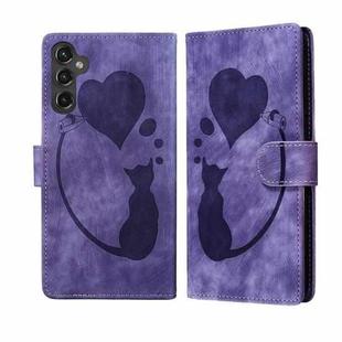 For Samsung Galaxy S25 FE 5G Pen Heart Cat Embossed Leather Phone Case(Purple)