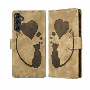 For Samsung Galaxy S25 FE 5G Pen Heart Cat Embossed Leather Phone Case(Apricot)