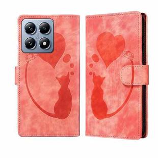 For Xiaomi 14T Pen Heart Cat Embossed Leather Phone Case(Orange)