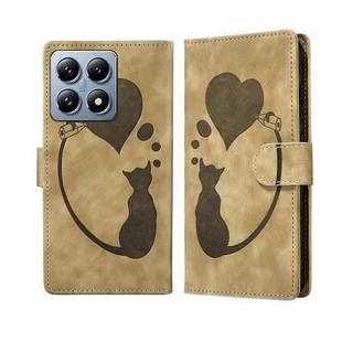 For Xiaomi 14T Pen Heart Cat Embossed Leather Phone Case(Apricot)