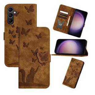 For Samsung Galaxy S25 5G Butterfly Cat Embossing Flip Leather Phone Case(Brown)