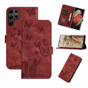 For Samsung Galaxy S25 Ultra 5G Butterfly Cat Embossing Flip Leather Phone Case(Red)