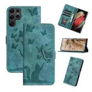 For Samsung Galaxy S25 Ultra 5G Butterfly Cat Embossing Flip Leather Phone Case(Wathet)
