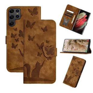 For Samsung Galaxy S25 Ultra 5G Butterfly Cat Embossing Flip Leather Phone Case(Brown)