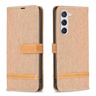 For Samsung Galaxy S25 5G Color Block Denim Texture Leather Phone Case(Brown)