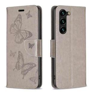 For Samsung Galaxy S25+ 5G Embossing Two Butterflies Pattern Leather Phone Case(Grey)