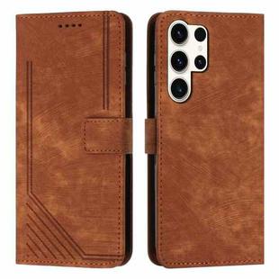For Samsung Galaxy S25 Ultra 5G Skin Feel Stripe Pattern Leather Phone Case with Long Lanyard(Brown)