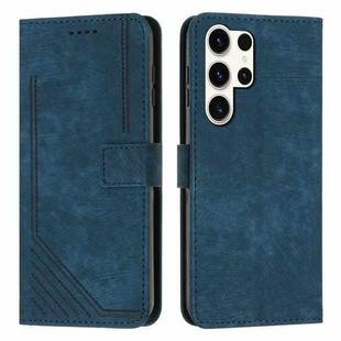 For Samsung Galaxy S25 Ultra 5G Skin Feel Stripe Pattern Leather Phone Case with Long Lanyard(Blue)