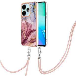 For Redmi 13 4G Electroplating Marble Dual-side IMD Phone Case with Lanyard(Rose Red 014)