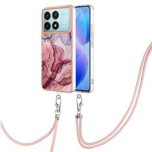 For Xiaomi Poco F6 Pro 5G Electroplating Marble Dual-side IMD Phone Case with Lanyard(Rose Red 014)