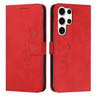 For Samsung Galaxy S25 Ultra 5G Skin Feel Heart Embossed Leather Phone Case with Long Lanyard(Red)