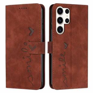For Samsung Galaxy S25 Ultra 5G Skin Feel Heart Embossed Leather Phone Case with Long Lanyard(Brown)