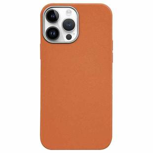 For iPhone 14 Pro Max Litchi Pattern Silver Edge Camera Frame Material Phone Case(Brown)