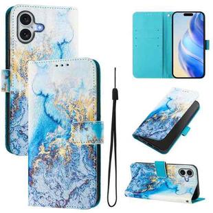 For iPhone 16 Plus Art Colored Drawing Pattern Leather Phone Case(Ocean marble)