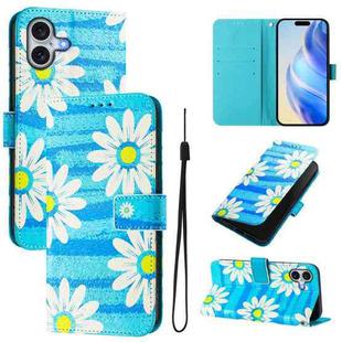 For iPhone 16 Plus Art Colored Drawing Pattern Leather Phone Case(Blue daisy)