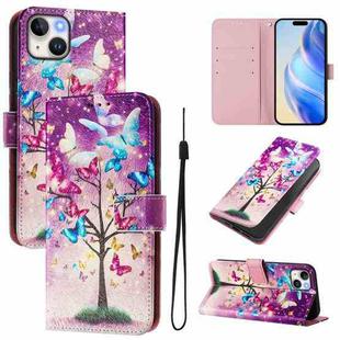 For iPhone 15 Plus Art Colored Drawing Pattern Leather Phone Case(Butterfly branch)