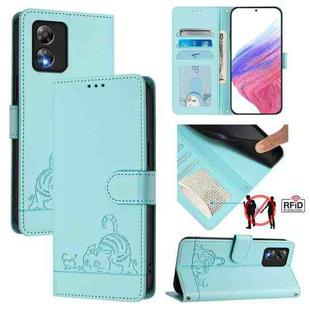 For Boost Mobile Celero 5G SC Cat Rat Embossed RFID Leather Phone Case with Lanyard(Mint Green)