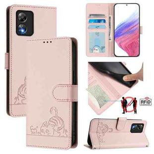 For Boost Mobile Celero 5G SC Cat Rat Embossed RFID Leather Phone Case with Lanyard(Pink)