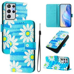 For Samsung Galaxy S21 Ultra 5G Art Colored Drawing Pattern Leather Phone Case(Blue daisy)