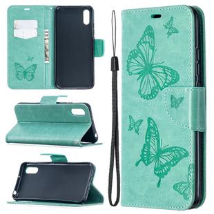 For Xiaomi Redmi 9A Two Butterflies Embossing Pattern Horizontal Flip Leather Case with Holder & Card Slot & Wallet & Lanyard(Green)