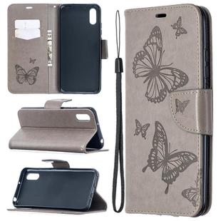 For Xiaomi Redmi 9A Two Butterflies Embossing Pattern Horizontal Flip Leather Case with Holder & Card Slot & Wallet & Lanyard(Grey)