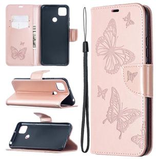 For Xiaomi Redmi 9C Two Butterflies Embossing Pattern Horizontal Flip Leather Case with Holder & Card Slot & Wallet & Lanyard(Rose Gold)