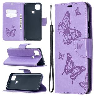 For Xiaomi Redmi 9C Two Butterflies Embossing Pattern Horizontal Flip Leather Case with Holder & Card Slot & Wallet & Lanyard(Purple)