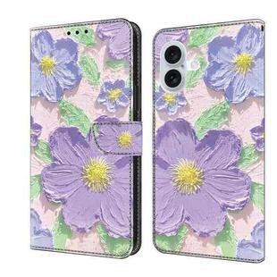 For iPhone 16 Plus Fresh Painted Leather Phone Case(Oil Painting Purple Flowers)