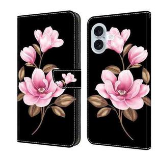 For iPhone 16 Plus Fresh Painted Leather Phone Case(Black Flowers)