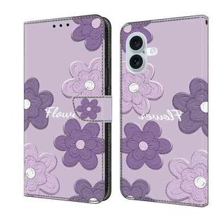 For iPhone 16 Fresh Painted Leather Phone Case(Dark Purple Flowers)