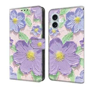 For iPhone 16 Fresh Painted Leather Phone Case(Oil Painting Purple Flowers)