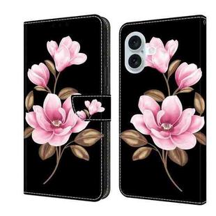 For iPhone 16 Fresh Painted Leather Phone Case(Black Flowers)