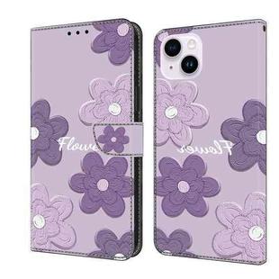 For iPhone 14 Plus Fresh Painted Leather Phone Case(Dark Purple Flowers)