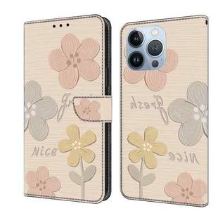 For iPhone 14 Pro Fresh Painted Leather Phone Case(Beige Flowers)