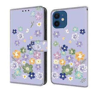 For iPhone 12 mini Fresh Painted Leather Phone Case(Purple Floral)