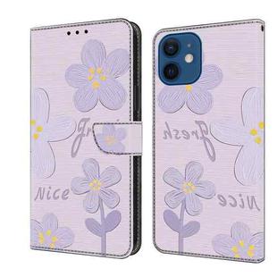 For iPhone 12 mini Fresh Painted Leather Phone Case(Small Lilac Flowers)
