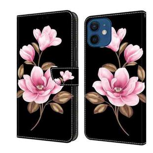 For iPhone 12 mini Fresh Painted Leather Phone Case(Black Flowers)