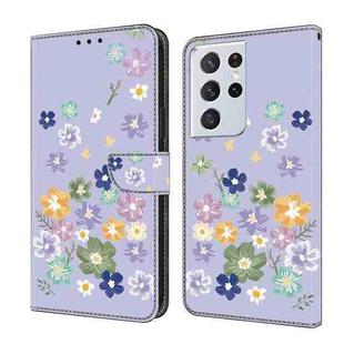 For Samsung Galaxy S21 Ultra 5G Fresh Painted Leather Phone Case(Purple Floral)