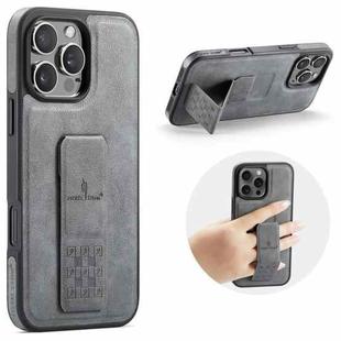 For iPhone 16 Pro Fierre Shann Oil Wax Cow Leather Holder Back Phone Case(Grey)