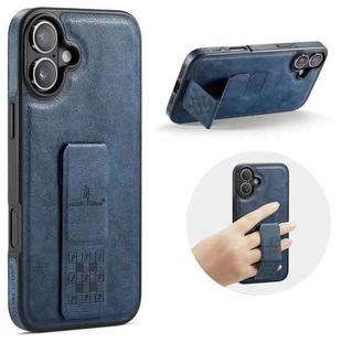 For iPhone 16 Plus Fierre Shann Oil Wax Cow Leather Holder Back Phone Case(Blue)