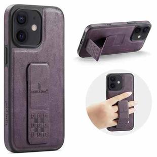 For iPhone 12 / 12 Pro Fierre Shann Oil Wax Cow Leather Holder Back Phone Case(Purple)